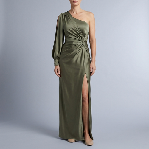 Women's Formal Dress | Maxi One Shoulder Ruched Green front view