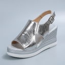 Platform Sandals For Women | Cutout Wedge Slingback Silver three-quarter front view