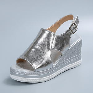 Platform Sandals For Women | Cutout Wedge Slingback Silver three-quarter front view