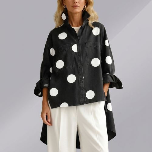 Women's Shirt | Linen Polka Dot Button Front Black front view
