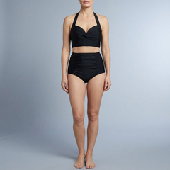 Women's Swimsuit | Black Halter Top High Waist Ruched front view