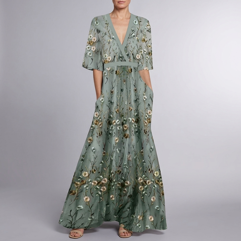 Women's Party Dress | Maxi Floral V-Neck Blue front view