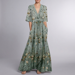 Women's Party Dress | Maxi Floral V-Neck Blue front view