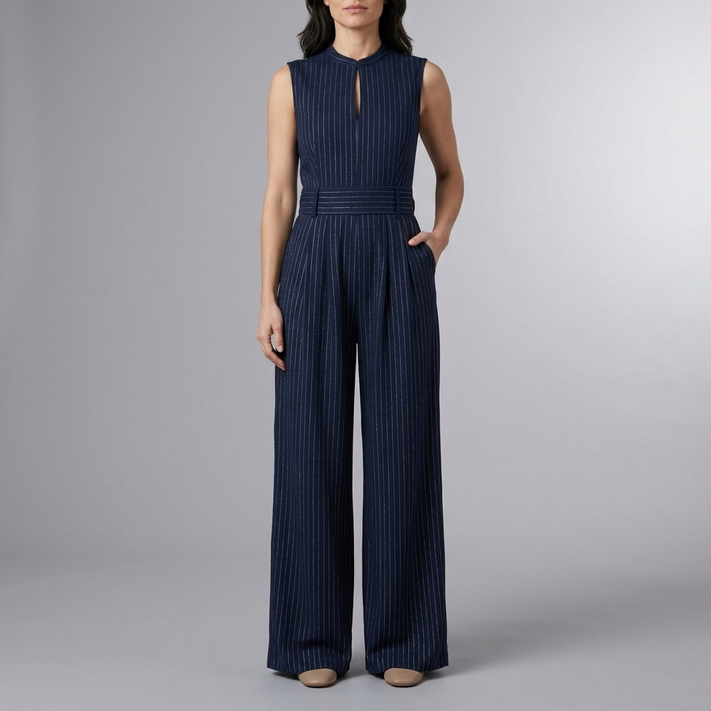 Women's Jumpsuit | Navy High Waist Wide Leg Sleeveless Navy Blue front view