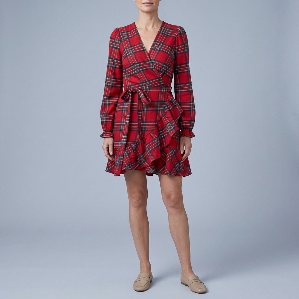 Women's Red Mini Dress | Wrap Plaid Ruffle Sleeve Red Plaid front view