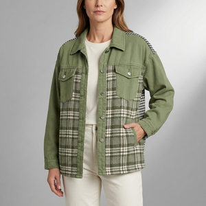 Women's Denim Jacket | Plaid Panel Long Sleeve Green front view