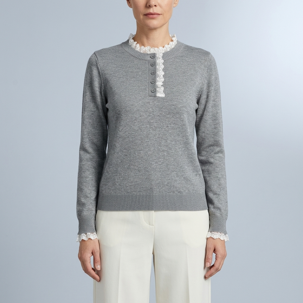 Women's Long Sleeve Top | Grey Lace Trim Button Front Grey front view