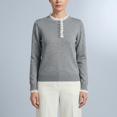 Women's Long Sleeve Top | Grey Lace Trim Button Front Grey front view