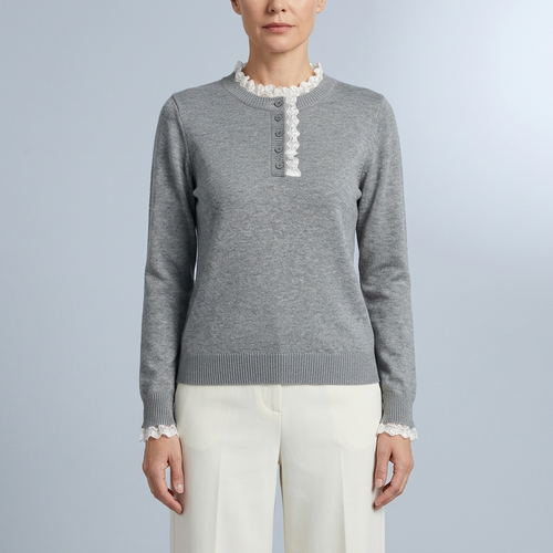 Women's Long Sleeve Top | Grey Lace Trim Button Front Grey front view