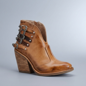 Boots For Women | Brown Leather Chunky Buckle Studded Ankle Brown three-quarter front view