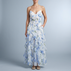 Women's Dress | Maxi White Floral Ruffle Spaghetti Strap Blue/White front view