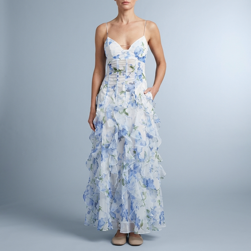 Women's Dress | Maxi White Floral Ruffle Spaghetti Strap Blue/White front view