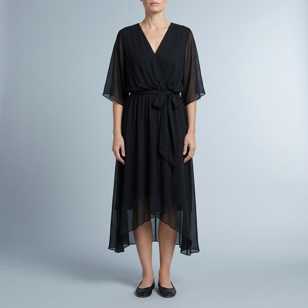 Women's Wrap Dress | Midi V-Neck Belted Black front view