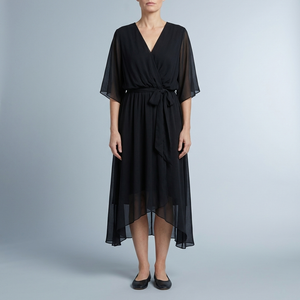 Women's Wrap Dress | Midi V-Neck Belted Black front view