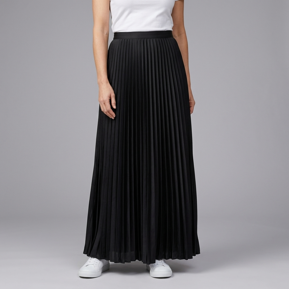 Women's Maxi Skirt | Pleated Elasticated Waist Full Length Black front view