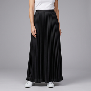 Women's Maxi Skirt | Pleated Elasticated Waist Full Length Black front view