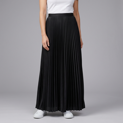 Women's Maxi Skirt | Pleated Elasticated Waist Full Length Black front view