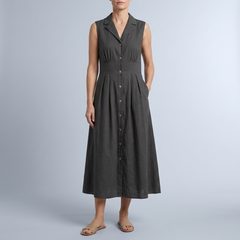 Women's Summer Dress | Midi Collared Button Front Sleeveless Black front view