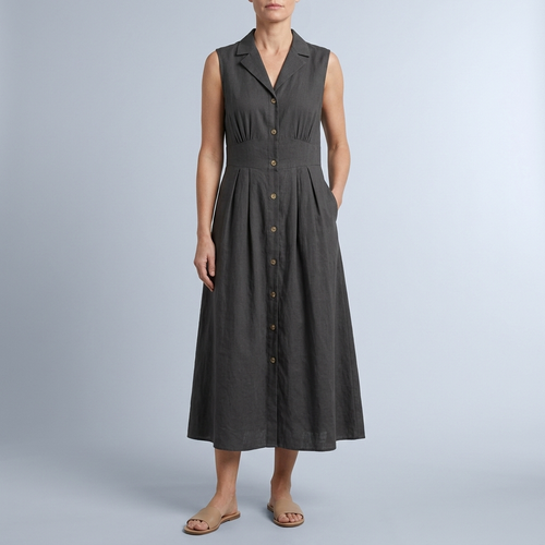 Women's Summer Dress | Midi Collared Button Front Sleeveless Black front view