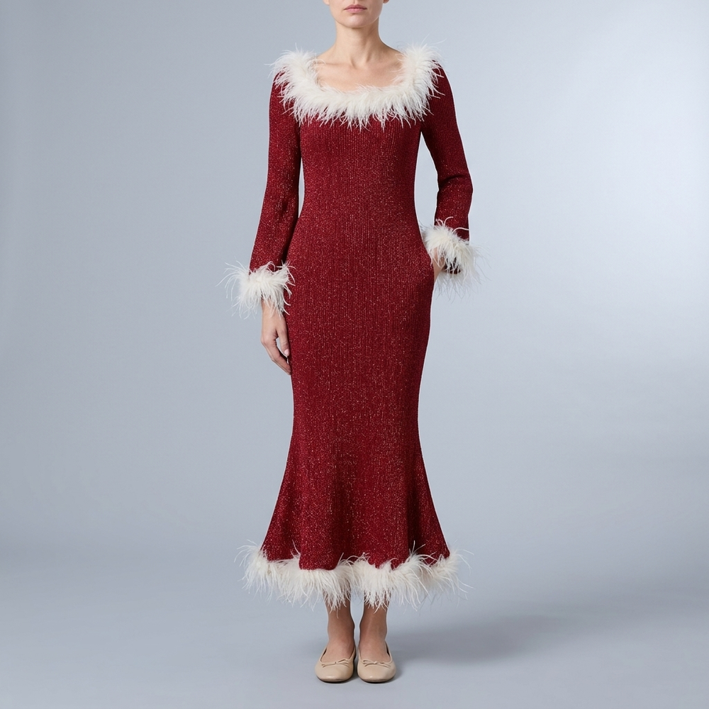 Women's Wedding Guest Dress | Maxi Feather Trim Sparkle Knit Long Sleeve Red White front view