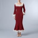 Women's Wedding Guest Dress | Maxi Feather Trim Sparkle Knit Long Sleeve Red White front view