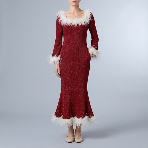 Women's Wedding Guest Dress | Maxi Feather Trim Sparkle Knit Long Sleeve Red White front view