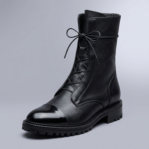 Boots For Women | Leather Lace-Up Ankle Round Toe Black three-quarter front view