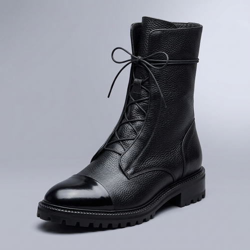 Boots For Women | Leather Lace-Up Ankle Round Toe Black three-quarter front view