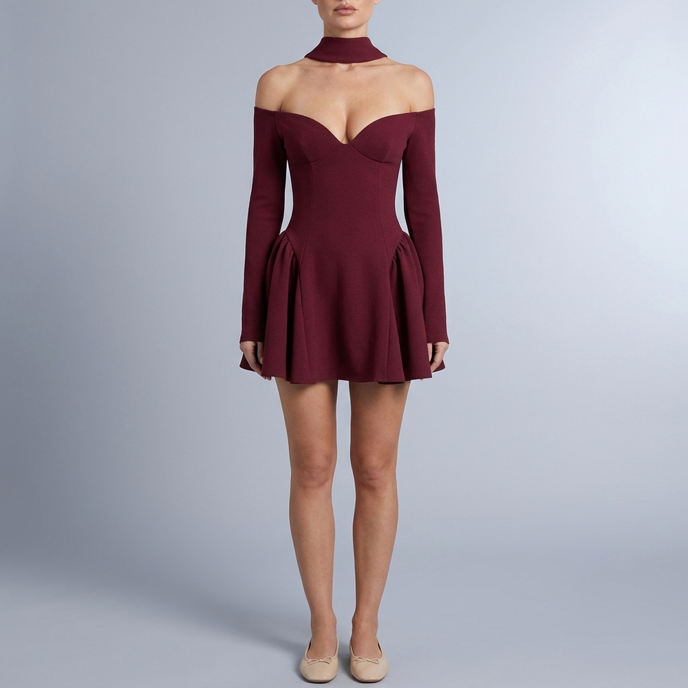 Women's Red Dress | Mini Off-the-Shoulder Long Sleeve red front view