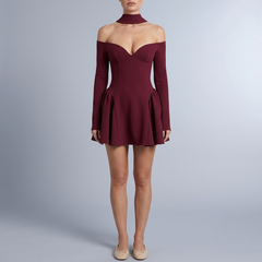 Women's Red Dress | Mini Off-the-Shoulder Long Sleeve red front view