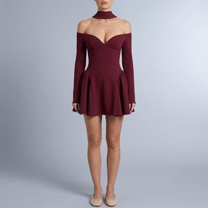 Women's Red Dress | Mini Off-the-Shoulder Long Sleeve red front view