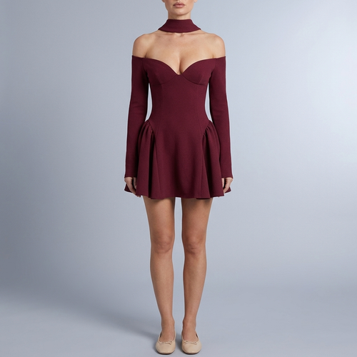 Women's Red Dress | Mini Off-the-Shoulder Long Sleeve red front view