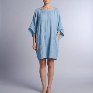 Women's Linen Dress | Midi Kaftan Batwing Sleeve Sky Blue front view