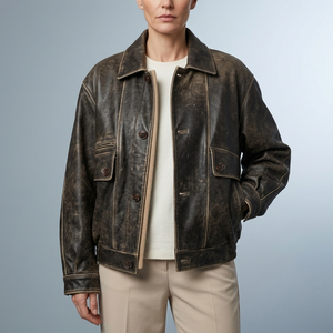 Women's Leather Jacket | Vintage Washed Brown Biker front view