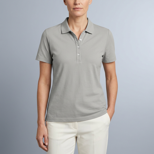 Women's Polo Shirt | Short Sleeve Button Neck Grey front view