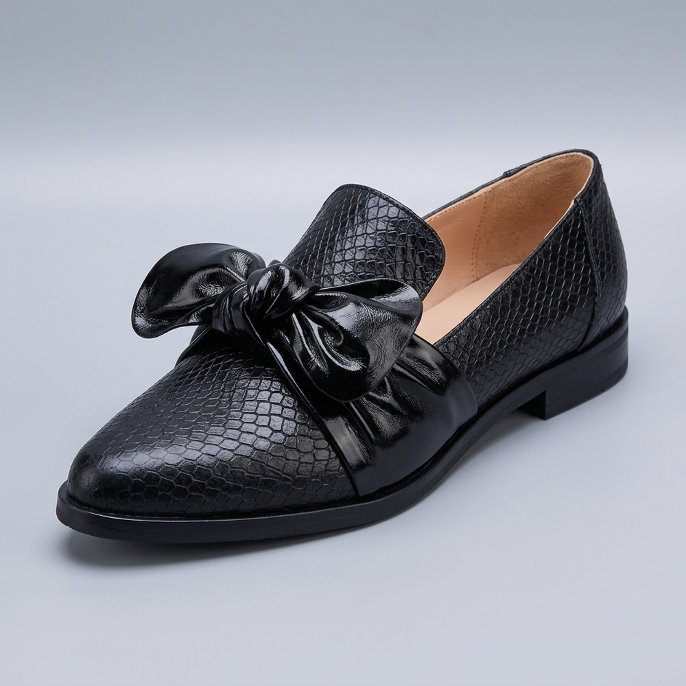 Black Shoes For Women | Pointed Toe Slip-On Flat Bow Loafers Black three-quarter front view