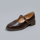 Mary Jane Shoes For Women | Round Toe Buckle Strap Brown three-quarter front view