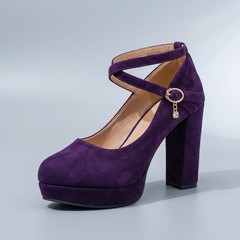 Mary Jane Shoes For Women | Platform Block Heel Ankle Strap Purple three-quarter front view