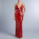Women's Sequin Dress | Maxi Deep V-Neck Spaghetti Strap Red front view