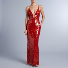 Women's Sequin Dress | Maxi Deep V-Neck Spaghetti Strap Red front view