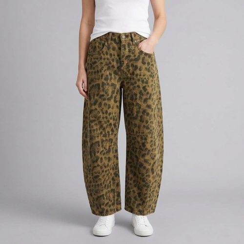 Women's Baggy Jeans | Leopard Print Wide Leg front view