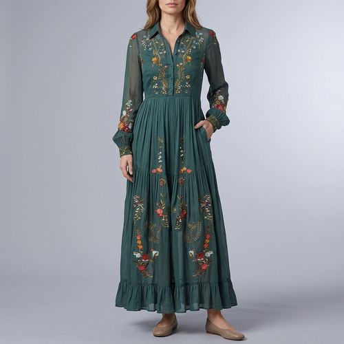 Women's Shirt Dress | Maxi Floral Print Belted Green front view
