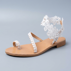White Sandals For Women | Floral Lace Toe Ring Ankle Strap White three-quarter front view