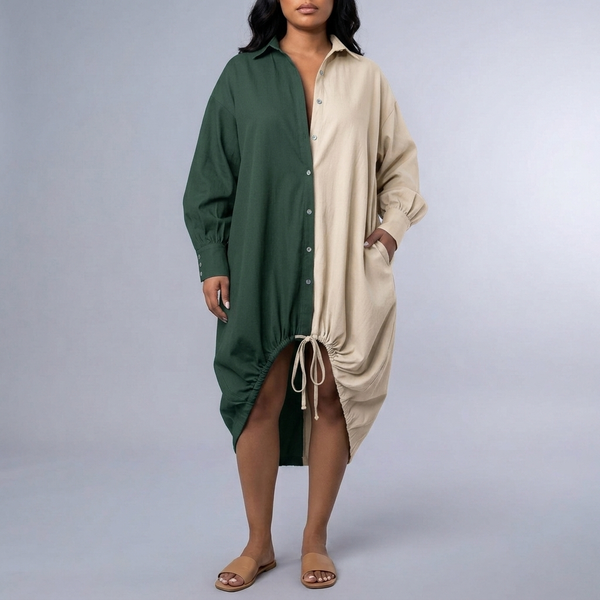 Women's Shirt Dress | Midi Color-Blocked Asymmetric Hem Drawstring dark green front view