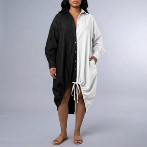 Women's Shirt Dress | Midi Color-Blocked Asymmetric Hem Drawstring black and white front view