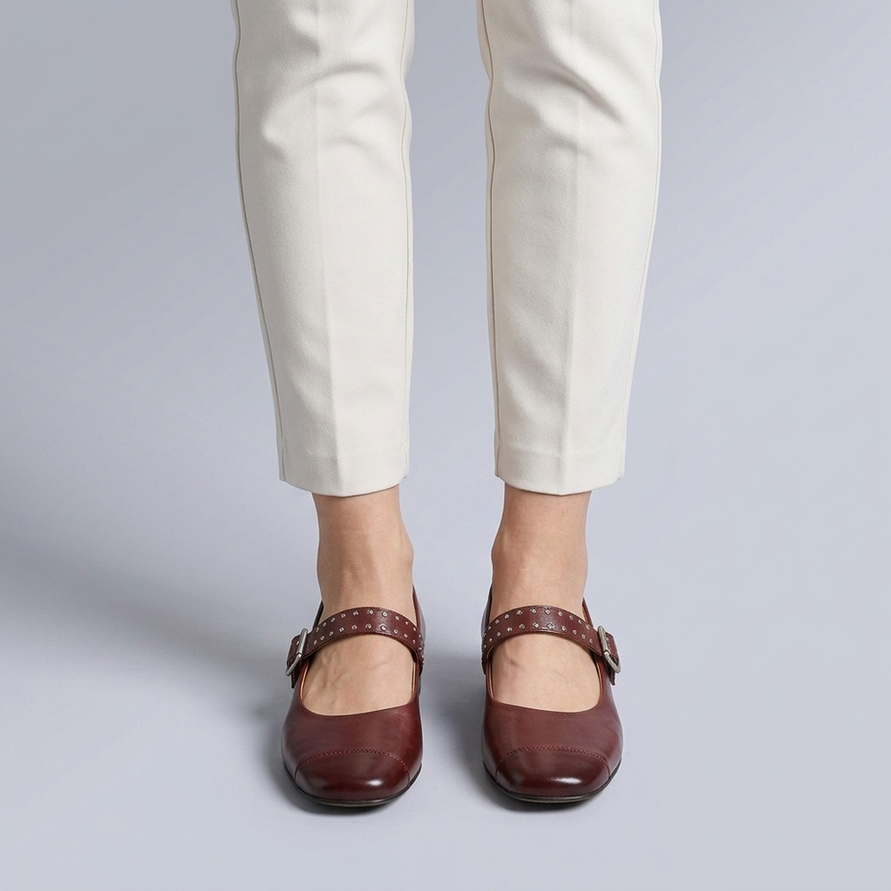 Shoes For Women | Mary Jane Buckle Strap Studded Maroon three-quarter front view
