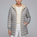 Women's Puffer Jacket | Sherpa Lined Zip-Up Hooded Grey front view