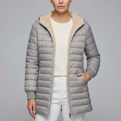 Women's Puffer Jacket | Sherpa Lined Zip-Up Hooded Grey front view
