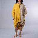 Women's Shirt Dress | Midi Color-Blocked Asymmetric Hem Drawstring yellow front view