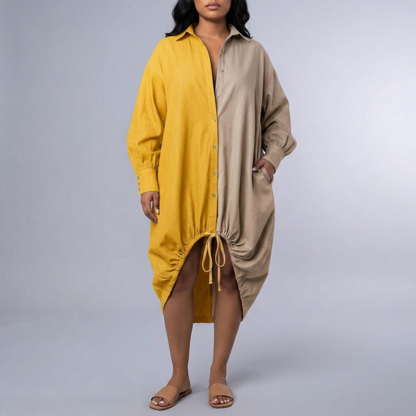 Women's Shirt Dress | Midi Color-Blocked Asymmetric Hem Drawstring yellow front view